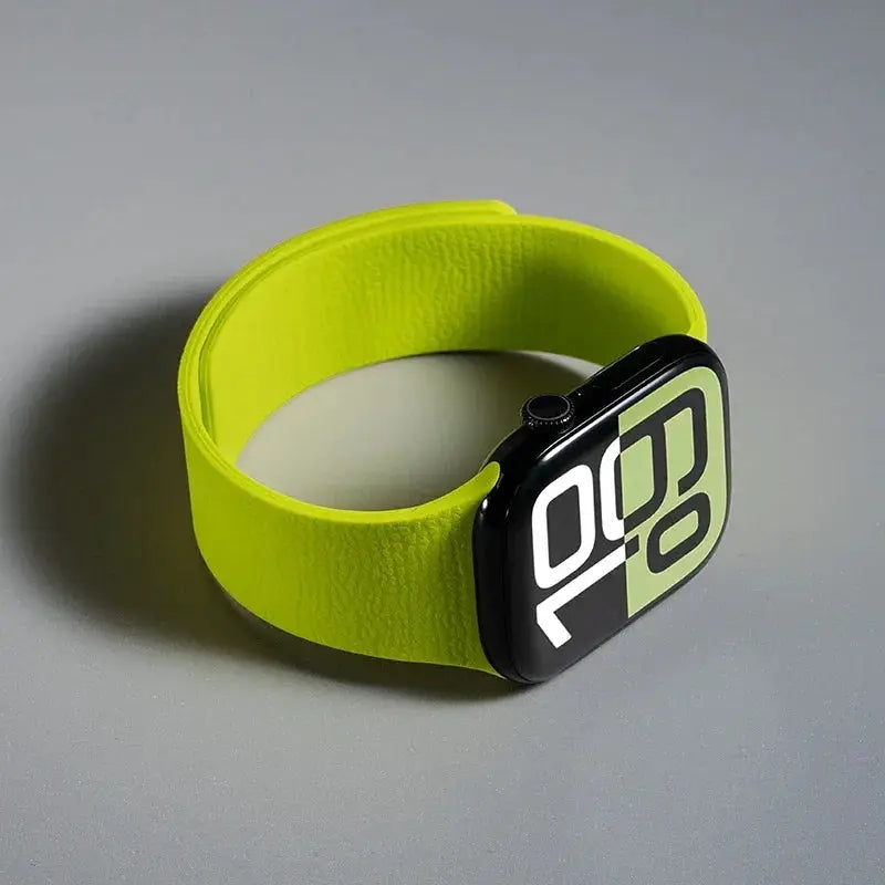 Silicone magnetic Apple Watch band in neon lime green; fits 40–49mm sizes.