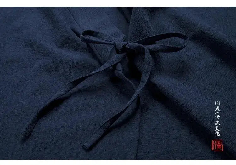 Men's Hanfu vest, navy linen-cotton sleeveless top with front tie