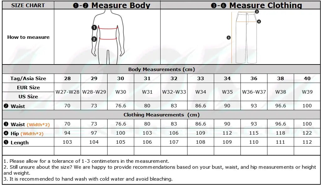Men's cotton chinos size chart by Simples Market with waist, hip and length measurements for W28–W40