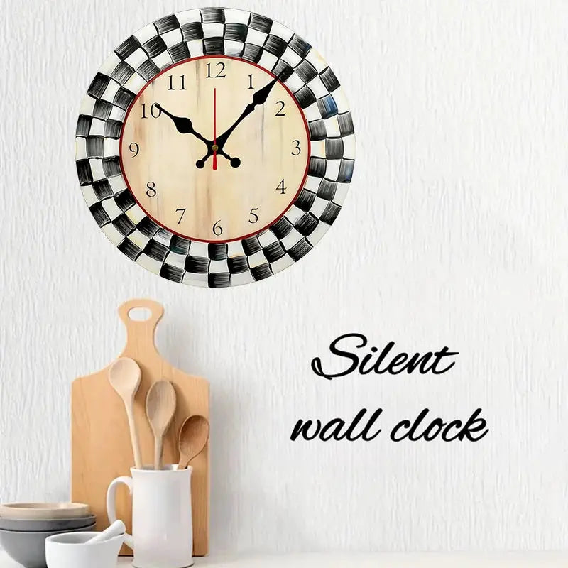 Wall clock with black-and-white grid wooden frame and beige dial, silent movement by Simples Market