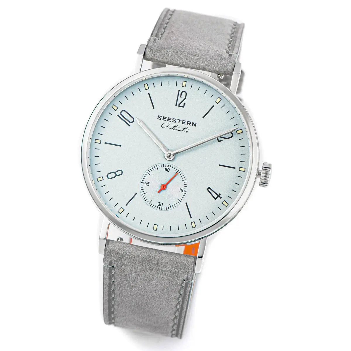 SEESTERN men's automatic wristwatch with light blue dial, silver case, gray suede strap