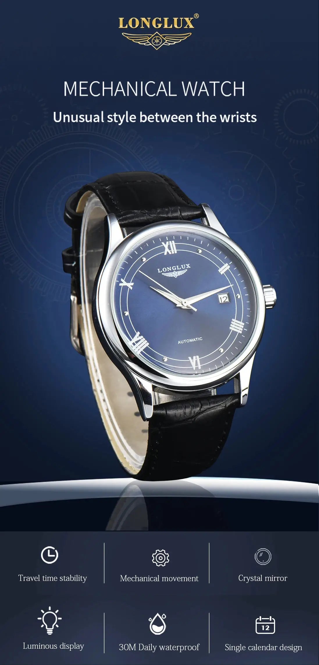 Longlux automatic men's watch with blue dial, black leather strap and date window
