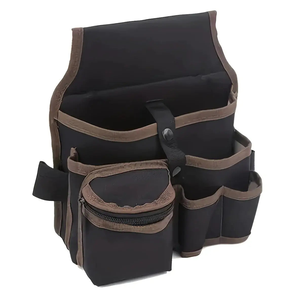 Hardware and Electrician's Tool Bag, black with brown trim, waist-hanging multi-pocket maintenance bag