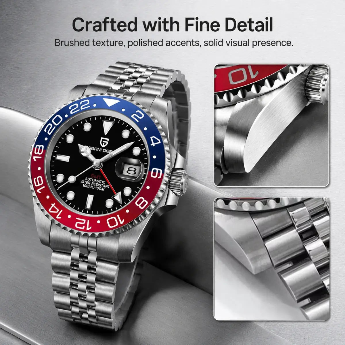 Pagani Design men's stainless steel GMT watch with blue and red bezel, black dial, and date window
