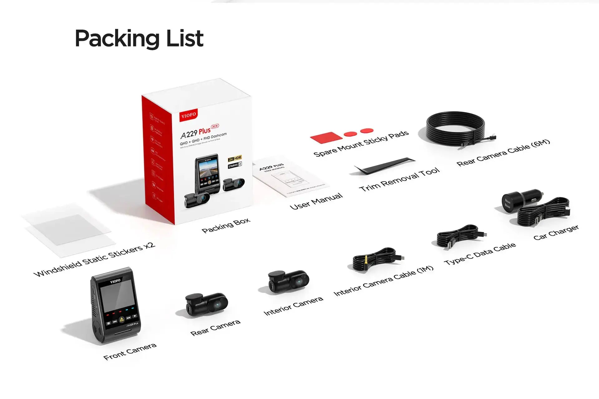 VIOFO A229 Plus dash cam kit with front, rear and interior cameras, packing box, manuals, mounts, cables, car charger