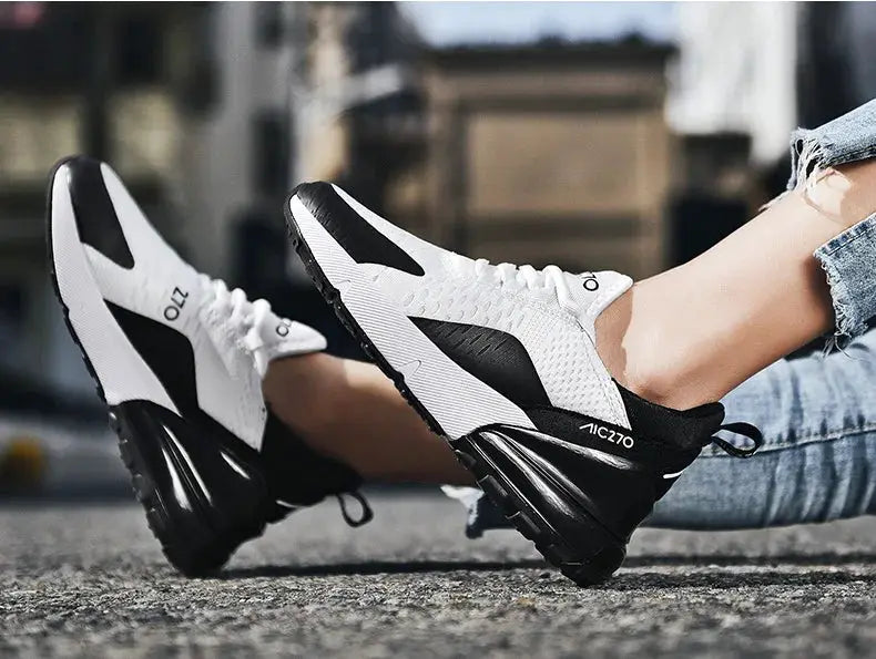 Men's white and black mesh sneakers with thick platform sole for outdoor jogging