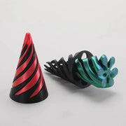 Two 3D-printed helix screw rotating toys; red-and-black cone and teal-green spiral sculpture for home decor