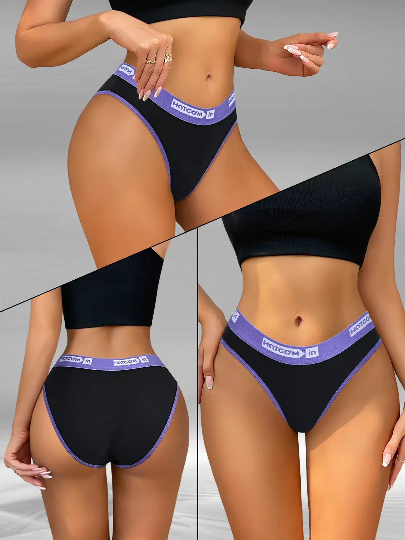 6-piece set of women's black cotton panties with purple waistband, breathable stretch fabric, XS–L
