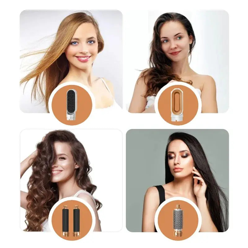 5-piece hair styling set with gold and black tools: dryer brush, hot comb, two curling wand attachments, and straightening barrel.