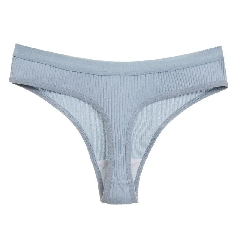 Light blue ribbed cotton thong panty for women with breathable knit fabric