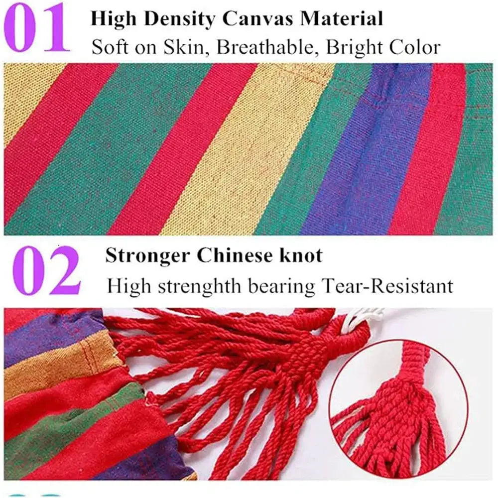 Double hammock 2-person canvas cotton outdoor hammock in red and blue with braided red rope knots