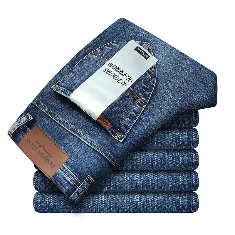 Wthinlee jeans, five blue denim straight-fit trousers with label patches