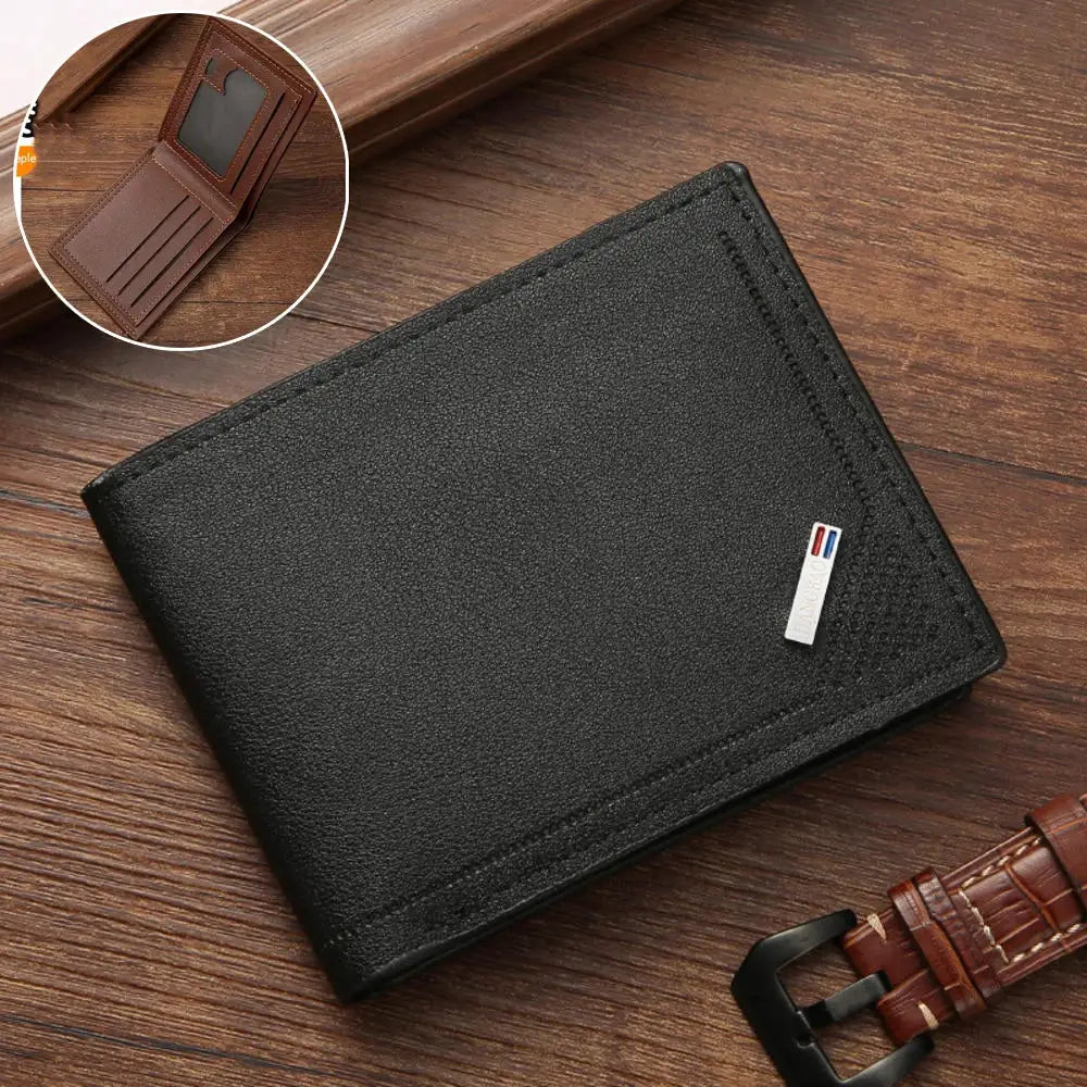 Simples Market men's PU leather RFID wallet; black slim vertical design with metal logo tag (two wallets shown)