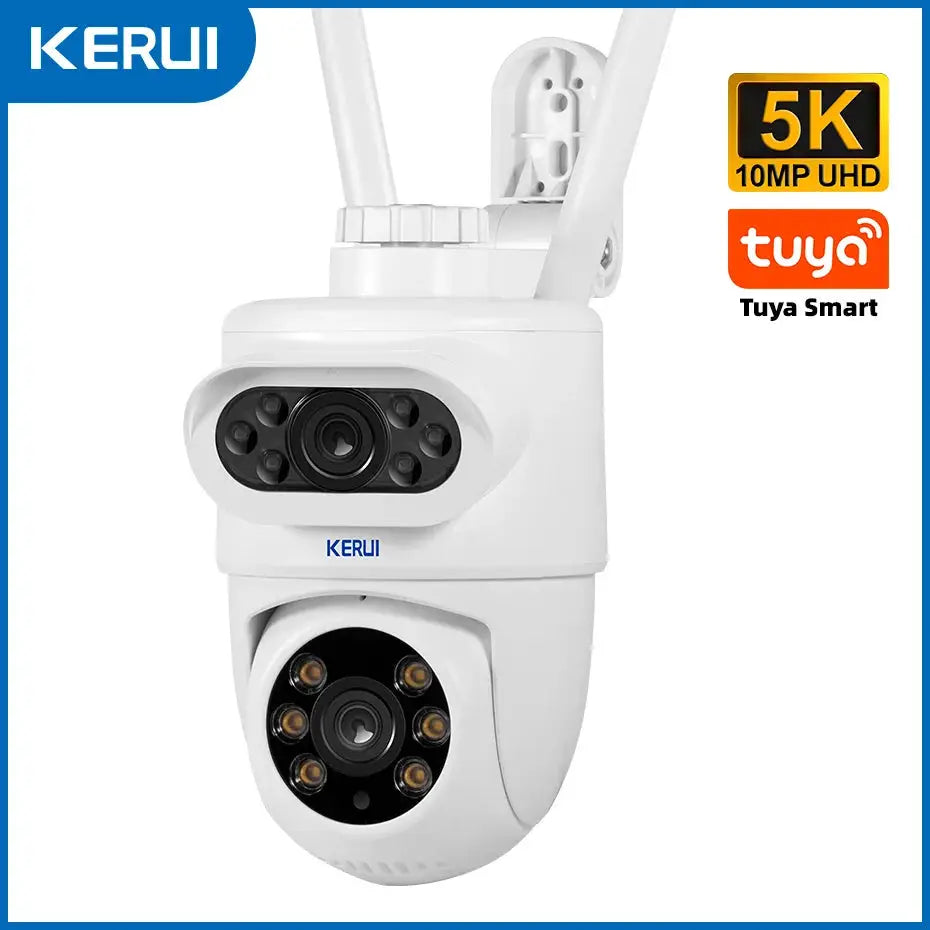 KERUI outdoor dual-lens PTZ security camera, white wireless CCTV with 10MP 5K UHD, Tuya Smart compatible.