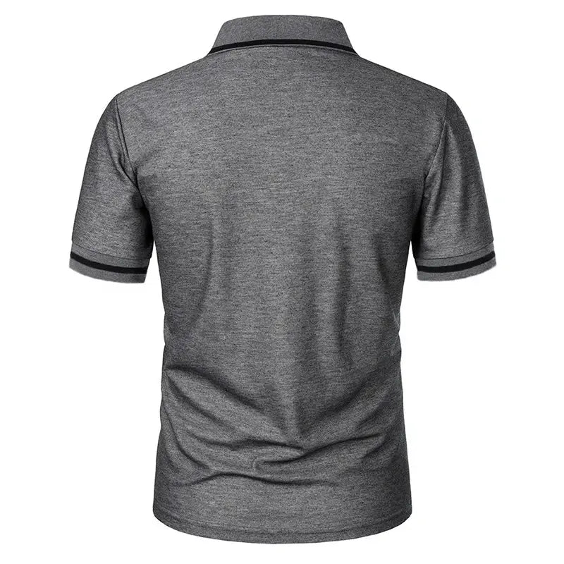 Men's gray short-sleeve polo shirt with black trim on collar and sleeves