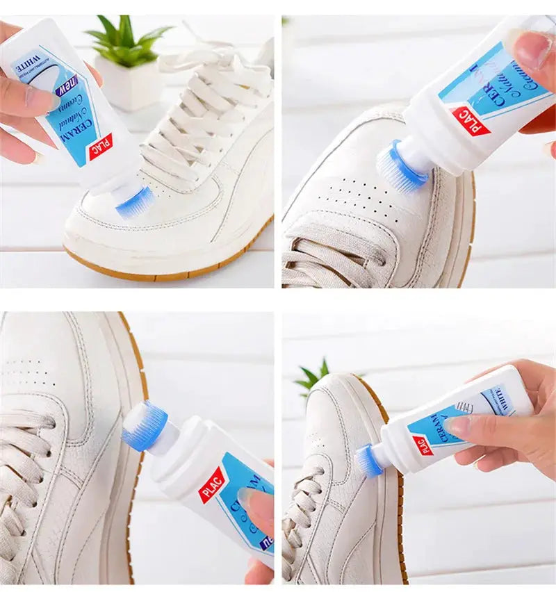 iawesome white shoes cleaner by Simples Market; bottle with blue brush cleans white sneakers