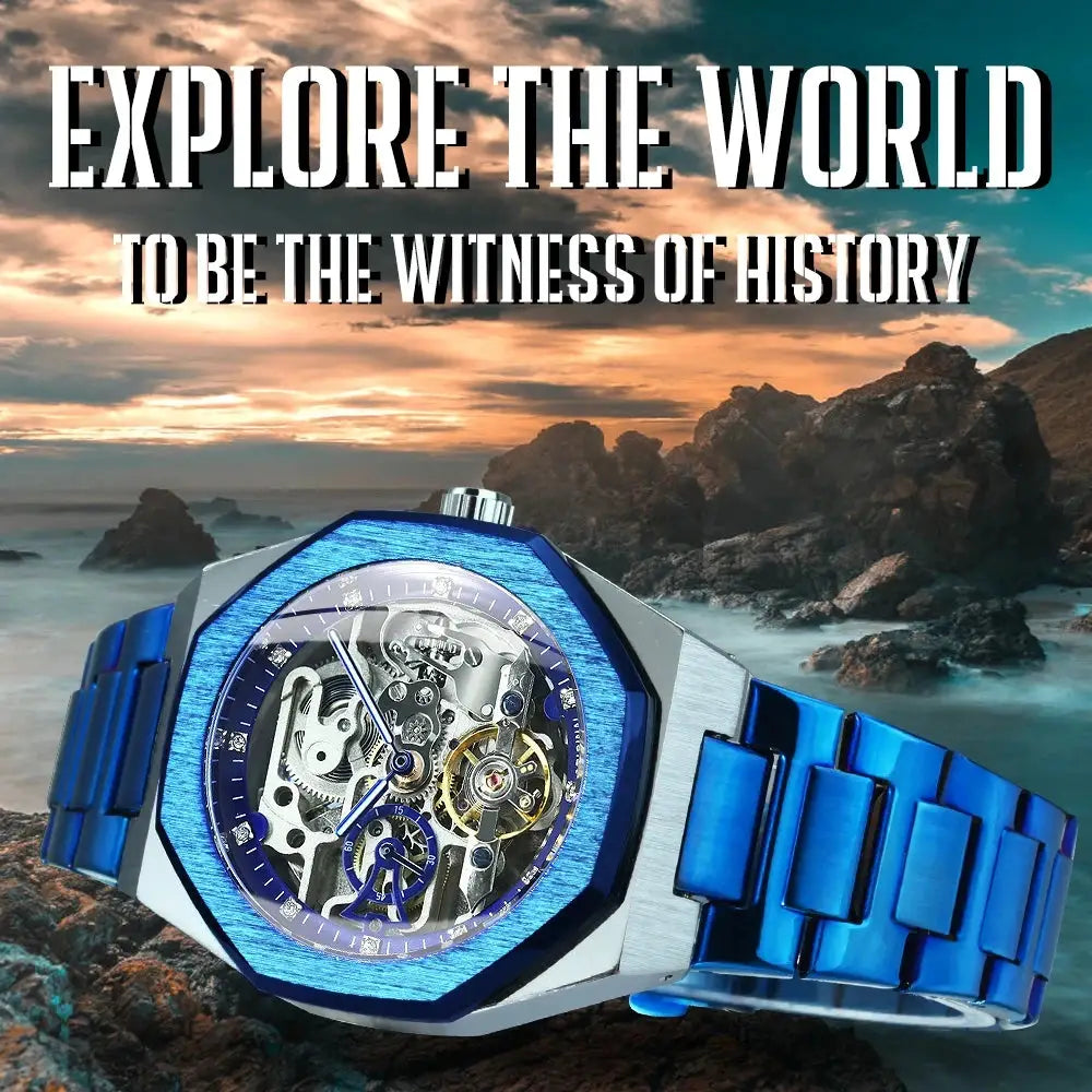 Forsining men's blue automatic skeleton watch with luminous hands and stainless steel bracelet
