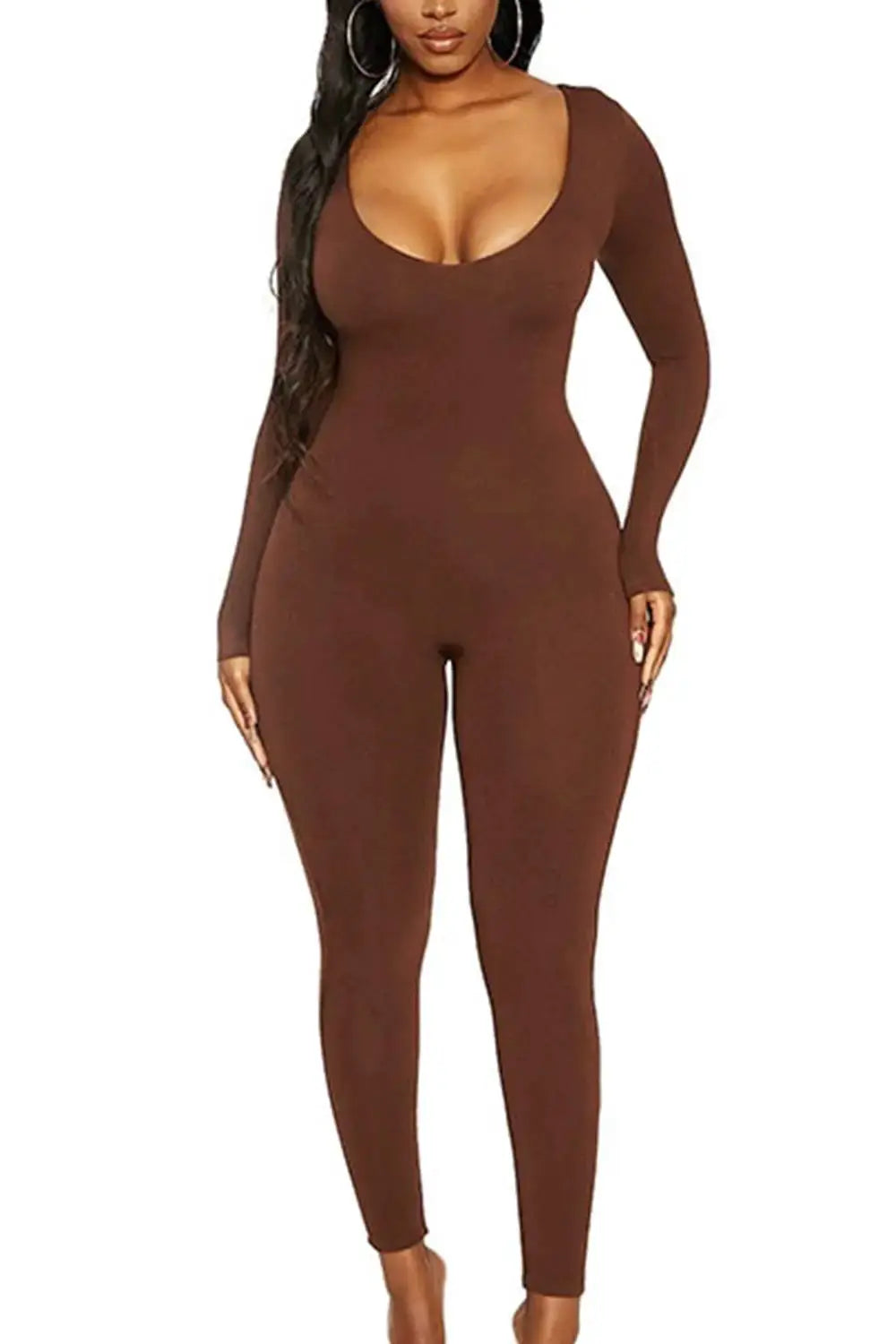 Brown women's long-sleeve jumpsuit, solid color, pull-on skinny fit