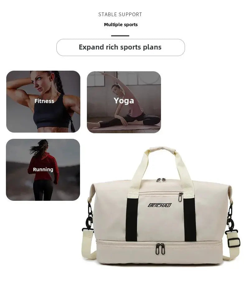 Expandable travel duffle bag by Simples Market for women in cream with black straps and detachable shoulder strap