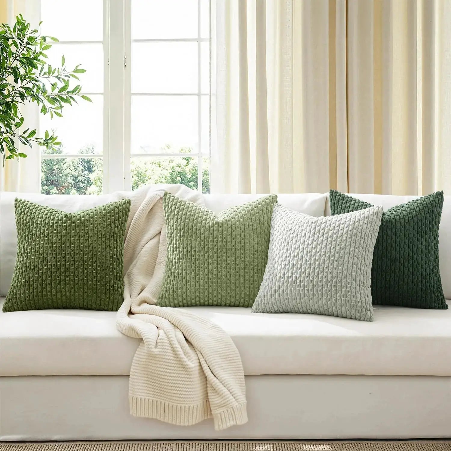 Simples Market spring decorative throw pillow covers, 4-pack in green and cream corduroy, 20x20 inches