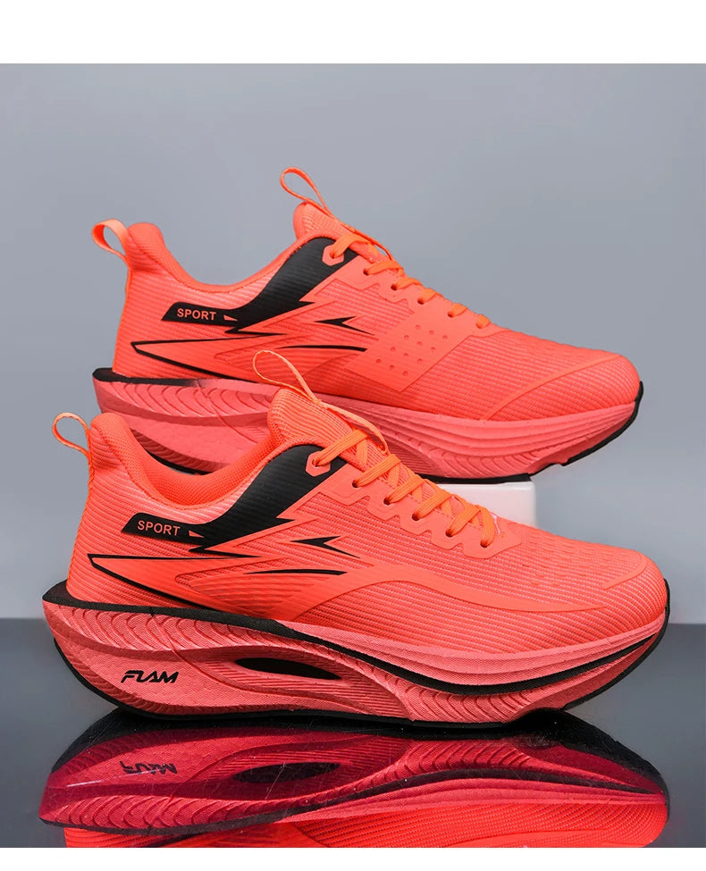 Men's neon coral running shoes with black accents and air-cushioned chunky sole (2 shoes)