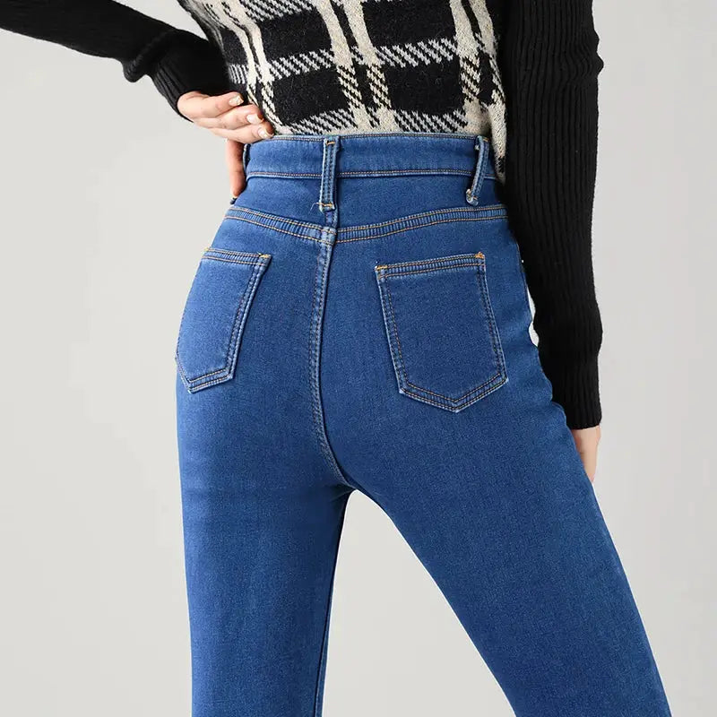 Women Thermal Jeans Fleece Lined Warm Stretch Slim Fit Pants Korean