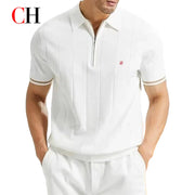 CH Men vertical striped knit polo shirt, white with half-zip collar, short sleeves, CH embroidery.