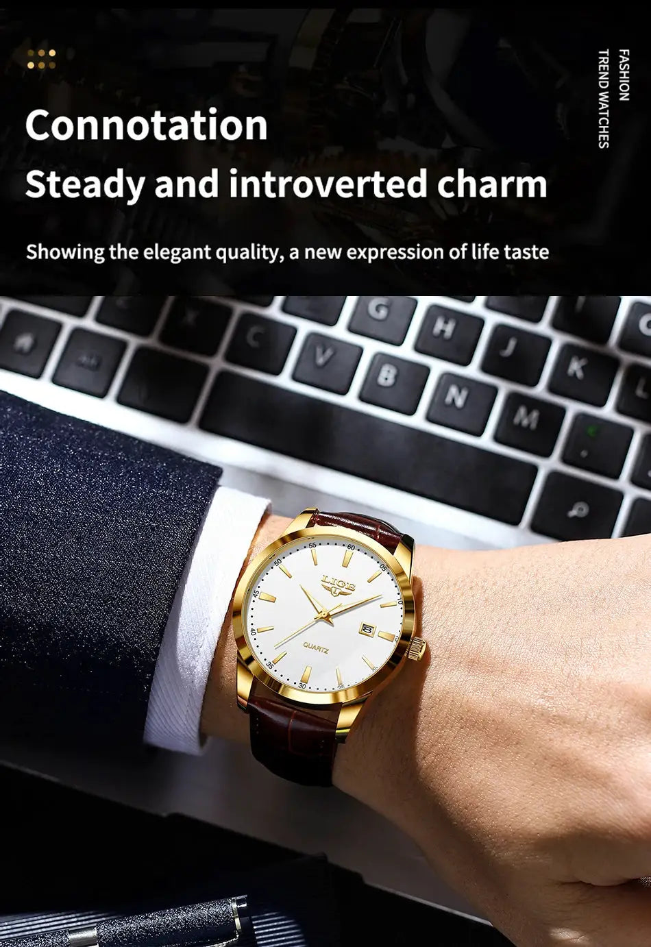 LIGE men's wristwatch with brown leather strap, gold-tone case, white dial, date window, quartz movement