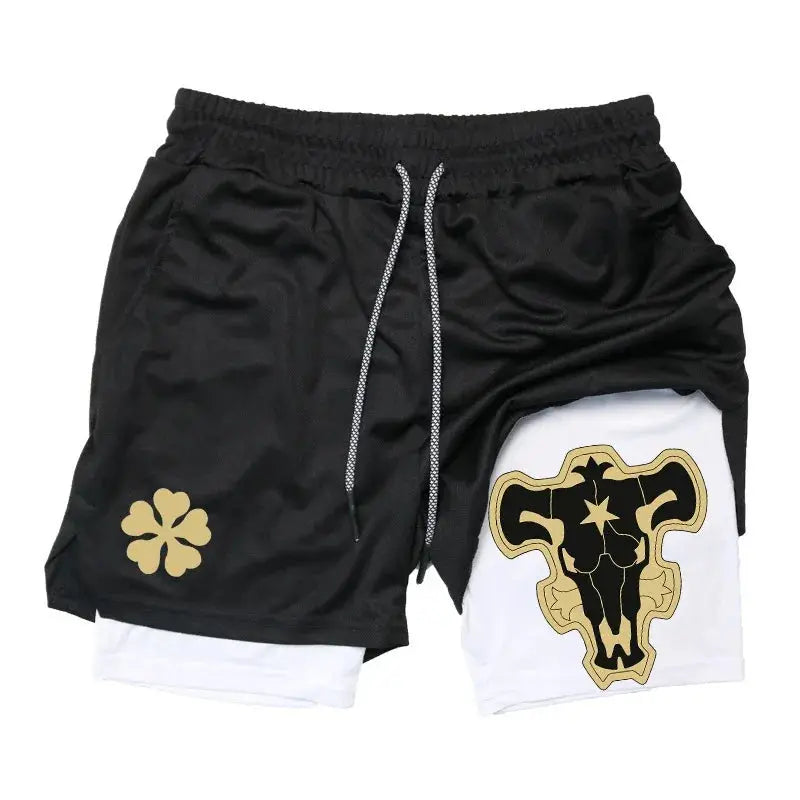 Men's 2-in-1 quick-dry running shorts, black outer with white inner layer, gold crest graphics.