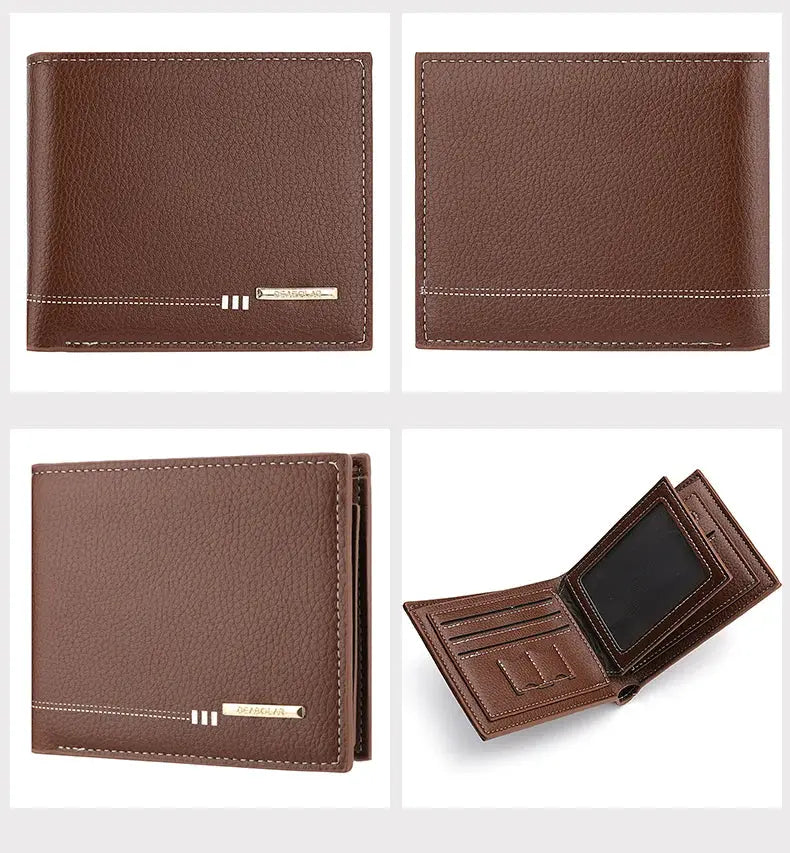 Men's brown lychee-textured wallet by Simples Market with zipper coin purse, card slots, ID window for everyday carry