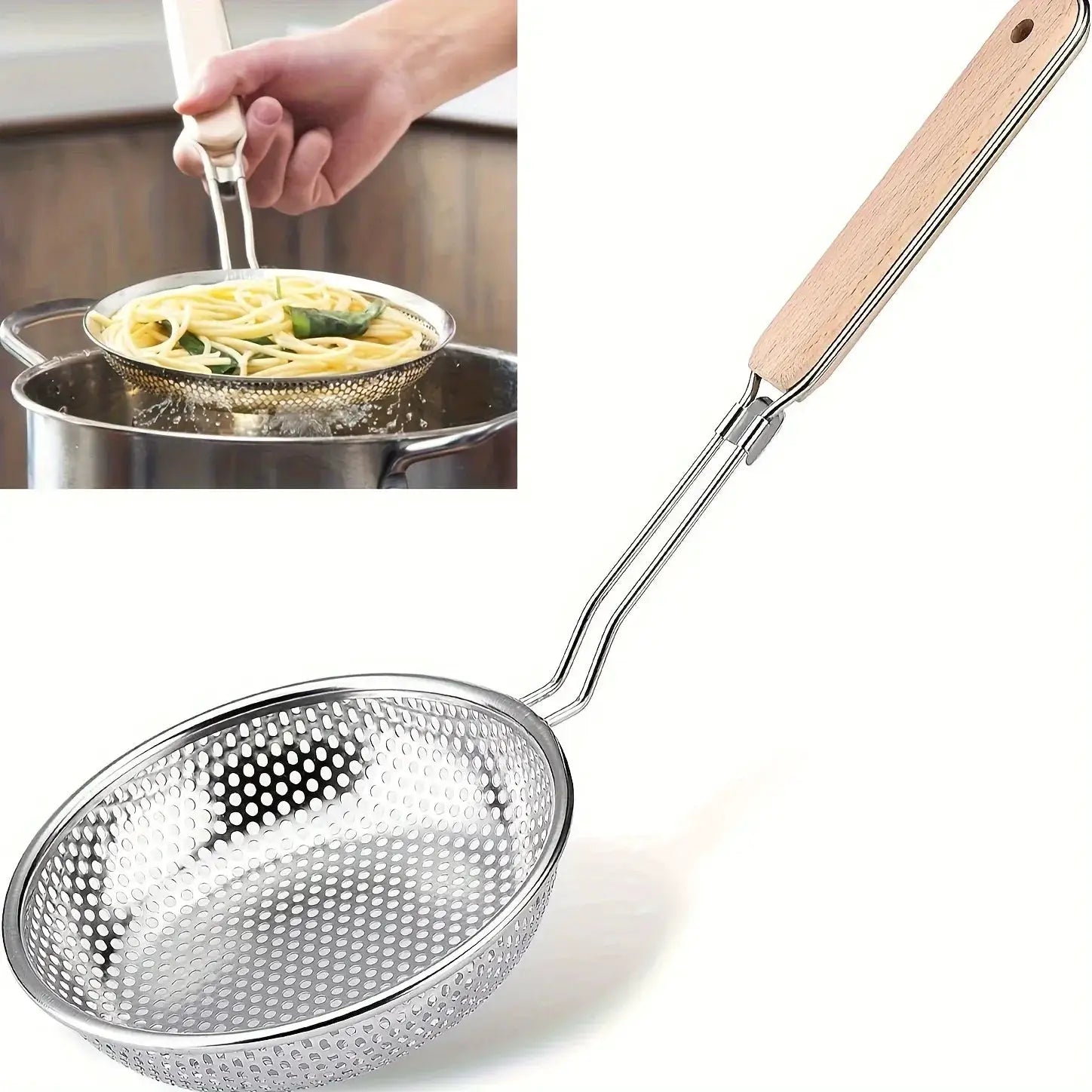 CulinaCraft Stainless Steel Colander With Wooden Handle Fine Mesh Strainer For Pasta Noodles Grease Filtration