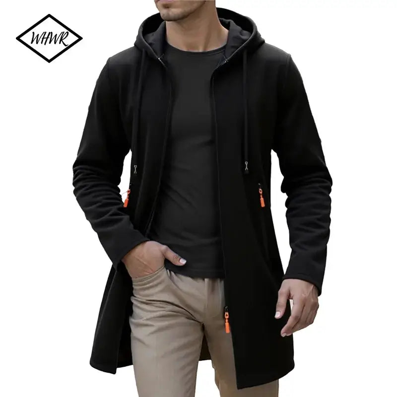 Men's black hooded long cardigan jacket with zip pockets and orange zipper pulls