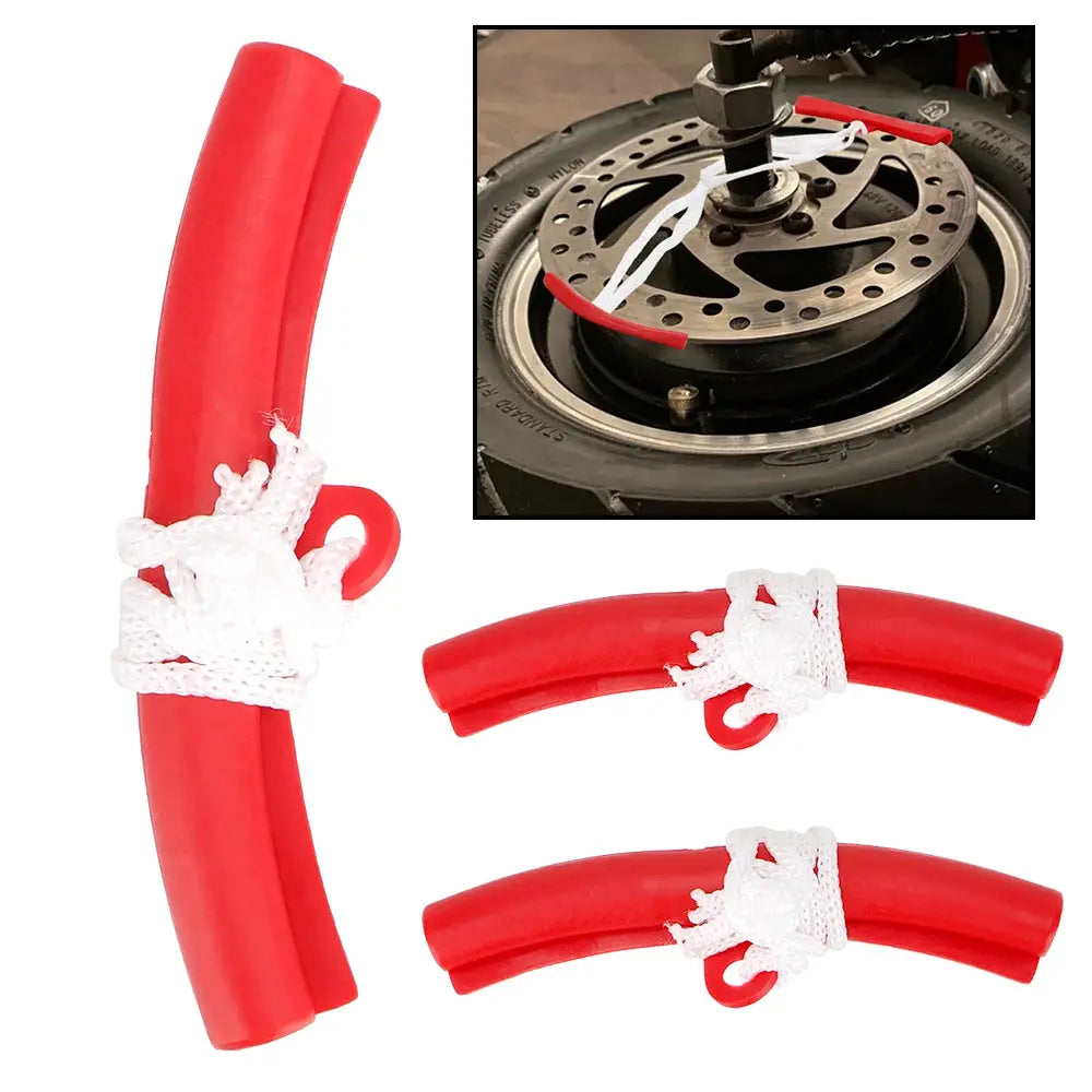 Red tire changing lever set with curved plastic levers tied by white rope, 3 pcs for bikes, motorcycles, and cars