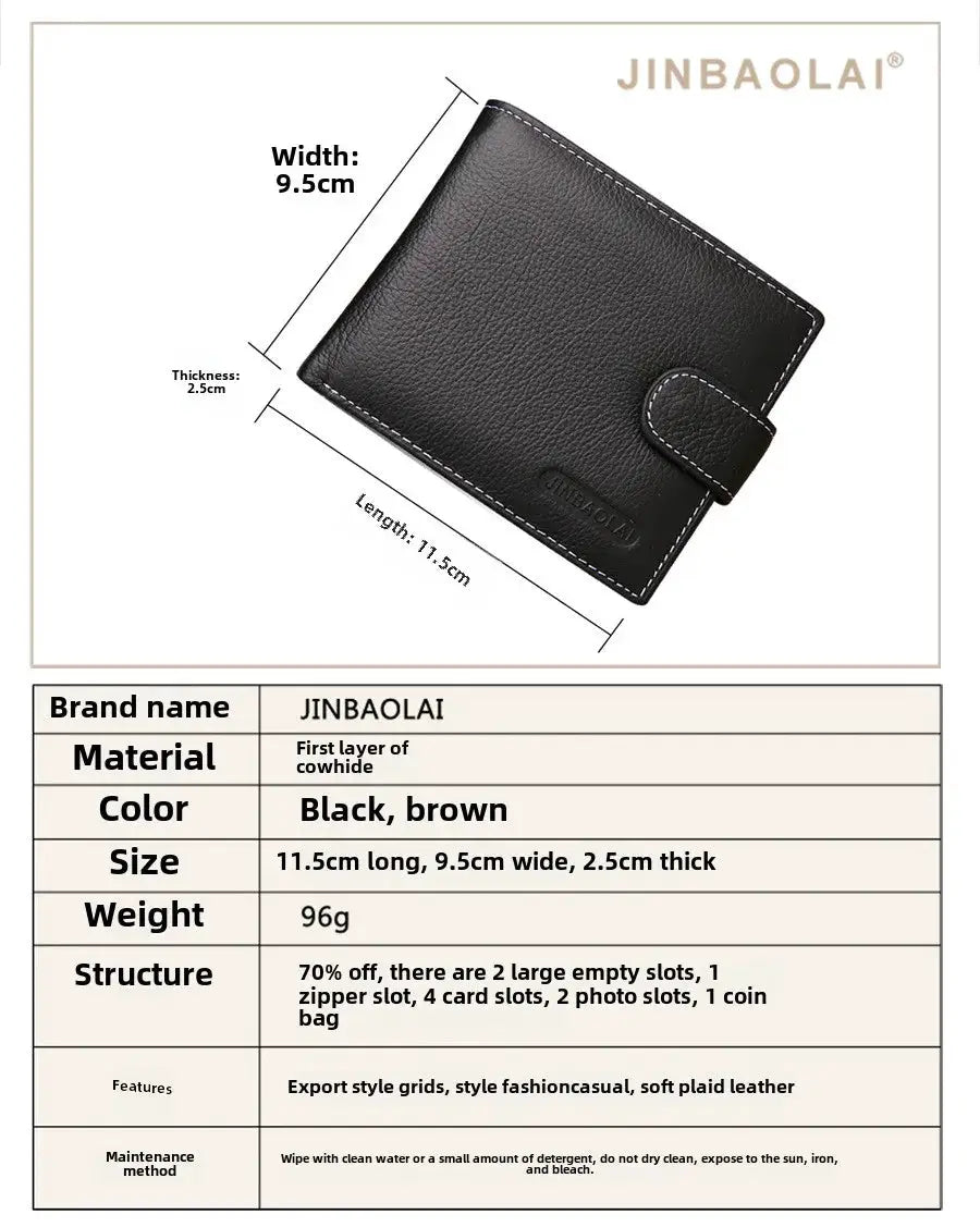 Men's black genuine leather wallet, Jinbaolai brand, cowhide, 11.5x9.5x2.5 cm