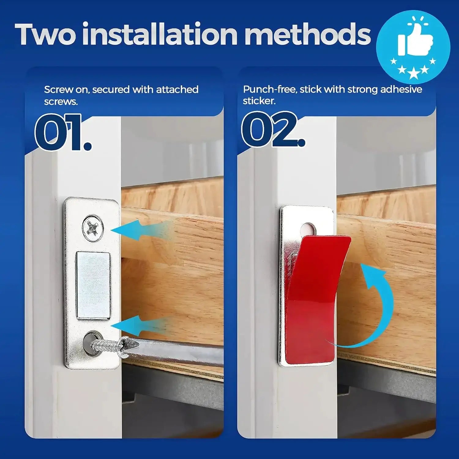 Magnetic cabinet catches by Simples Market; ultra-thin silver metal, shown with screw-on and adhesive installation methods.