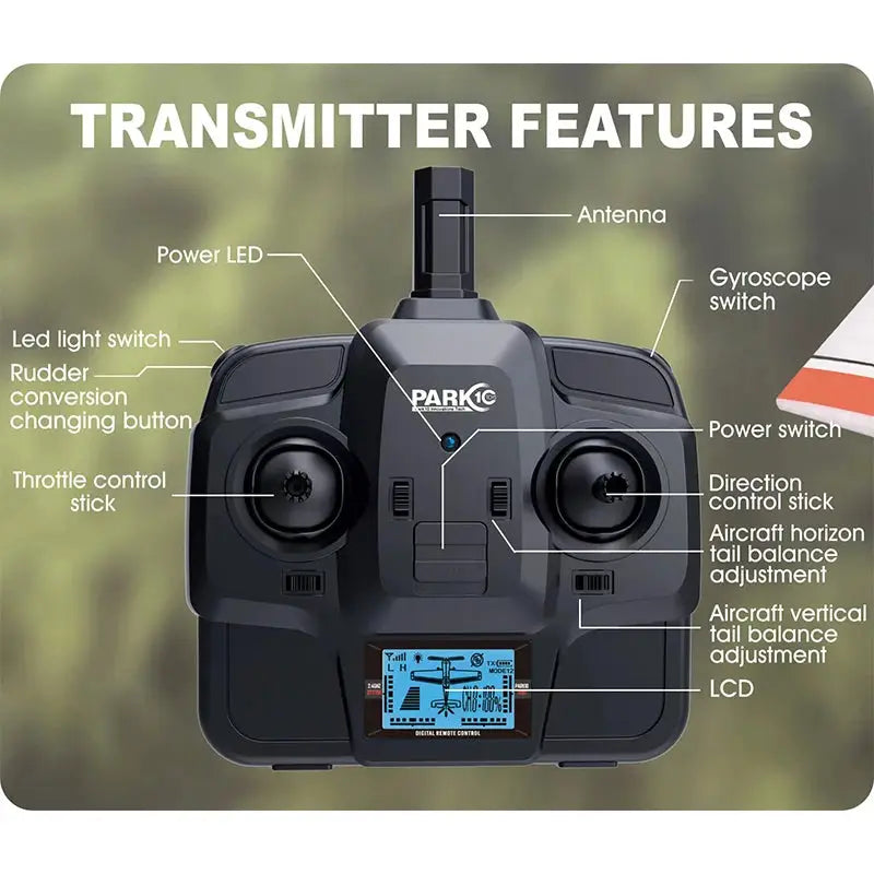 WLtoys F949 LCD RC airplane transmitter with Park branding, dual sticks, gyroscope switch, antenna, and LCD display