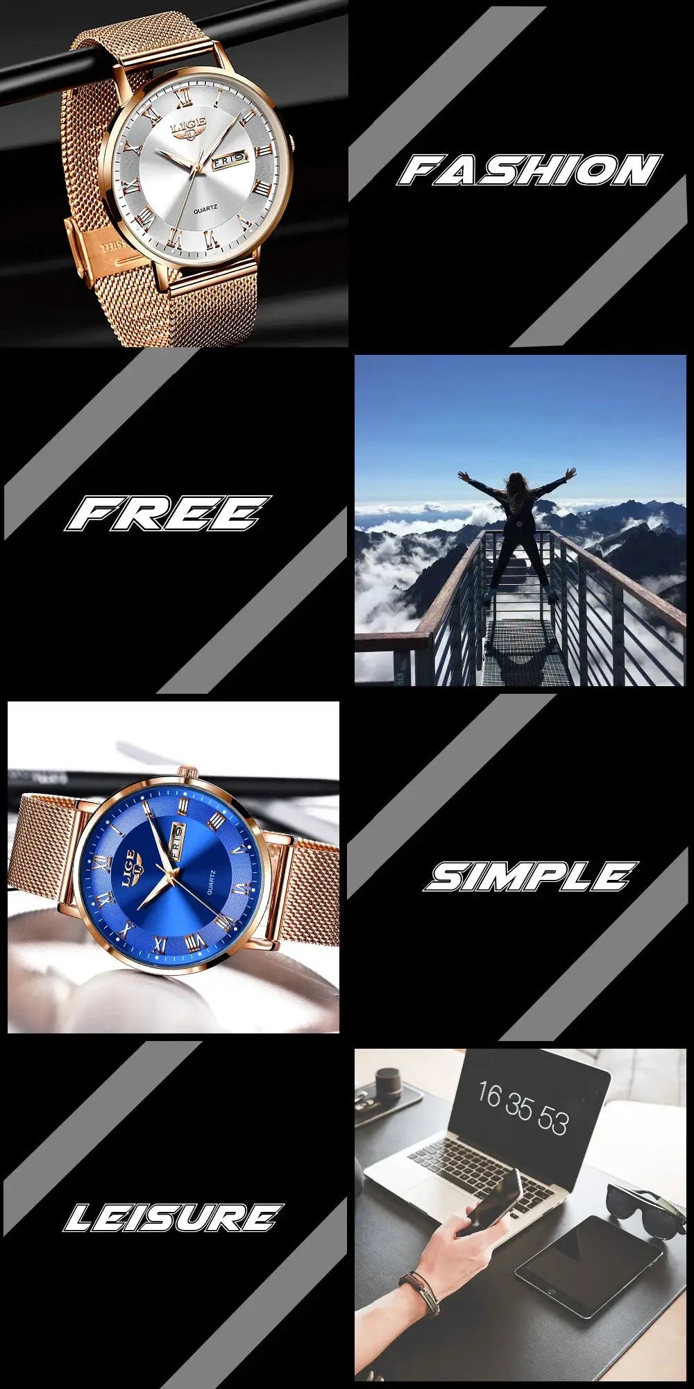 LIGE women's luxury watches; two mesh-band steel watches - gold-tone with silver dial and blue dial