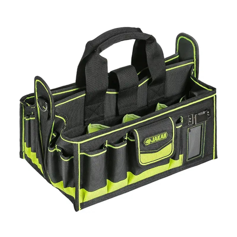 40-pocket tool tote organizer, black with neon green trim, handles and multiple pockets, brand patch visible