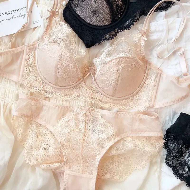 Lace Push Up Bra Lingerie Set With Bow Three Quarter Cup Bralette