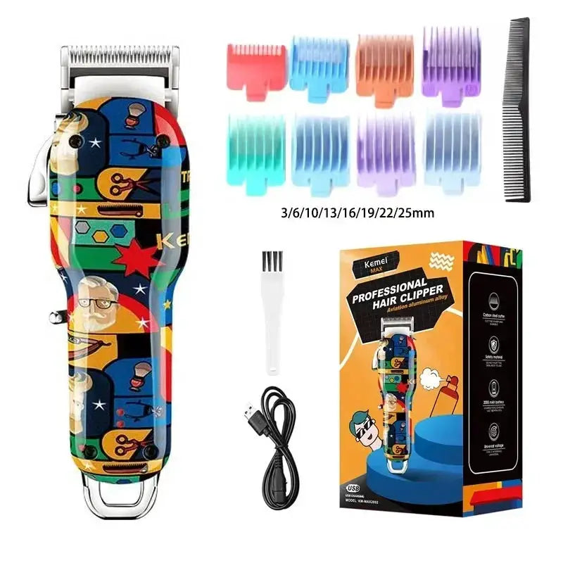 Kemei professional electric hair clipper with graffiti-pattern body and 8 colored guide guards, USB cable, brush, box.