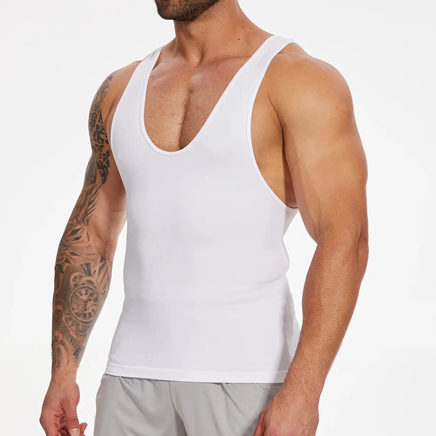 Men's white shapewear compression tank top, slim fit, sleeveless