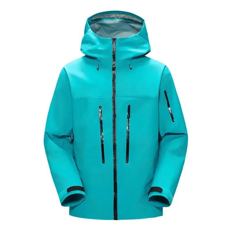 Men's turquoise windproof hooded jacket with black zippers and front pockets.