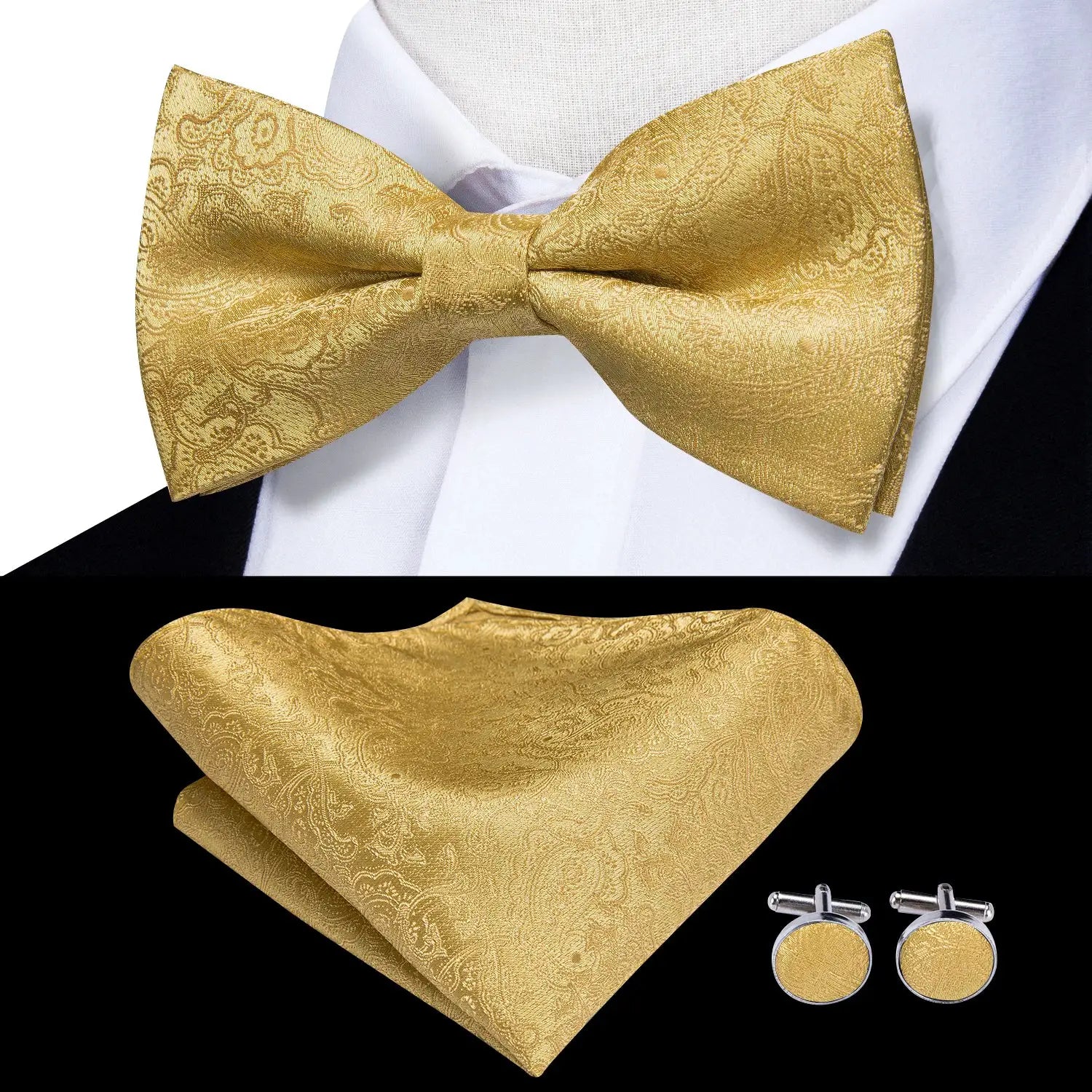 Gold men's bow tie 3-piece set with pocket square and cufflinks by Simples Market
