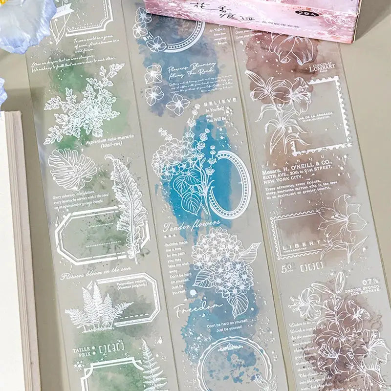 Mr Paper watercolour PET boxed washi tape set with pastel botanical prints, 2 rolls, Simples Market tapes