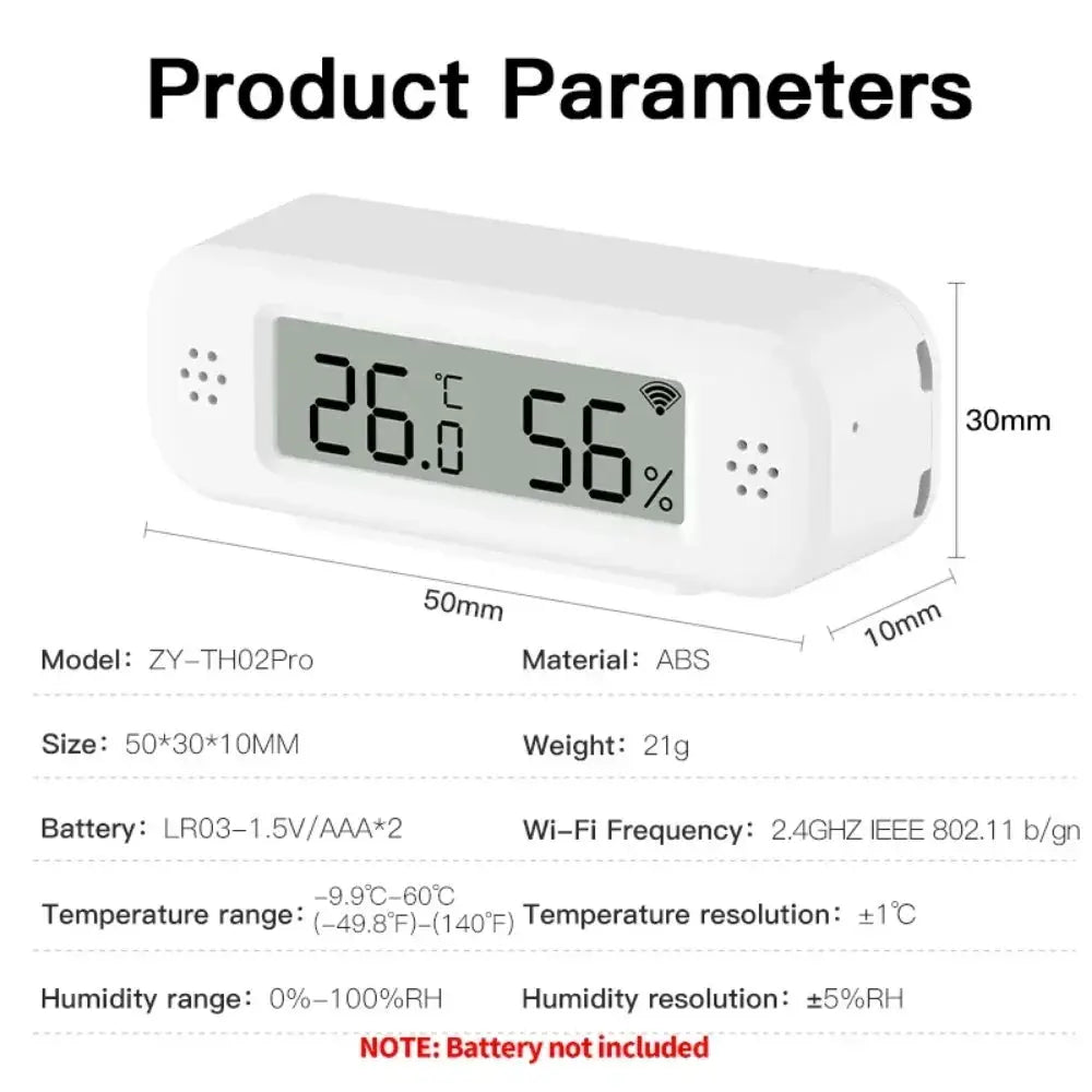 Tuya WiFi Temperature Humidity Sensor by Simples Market, ZY-TH02Pro; white ABS thermometer-hygrometer with LCD display.