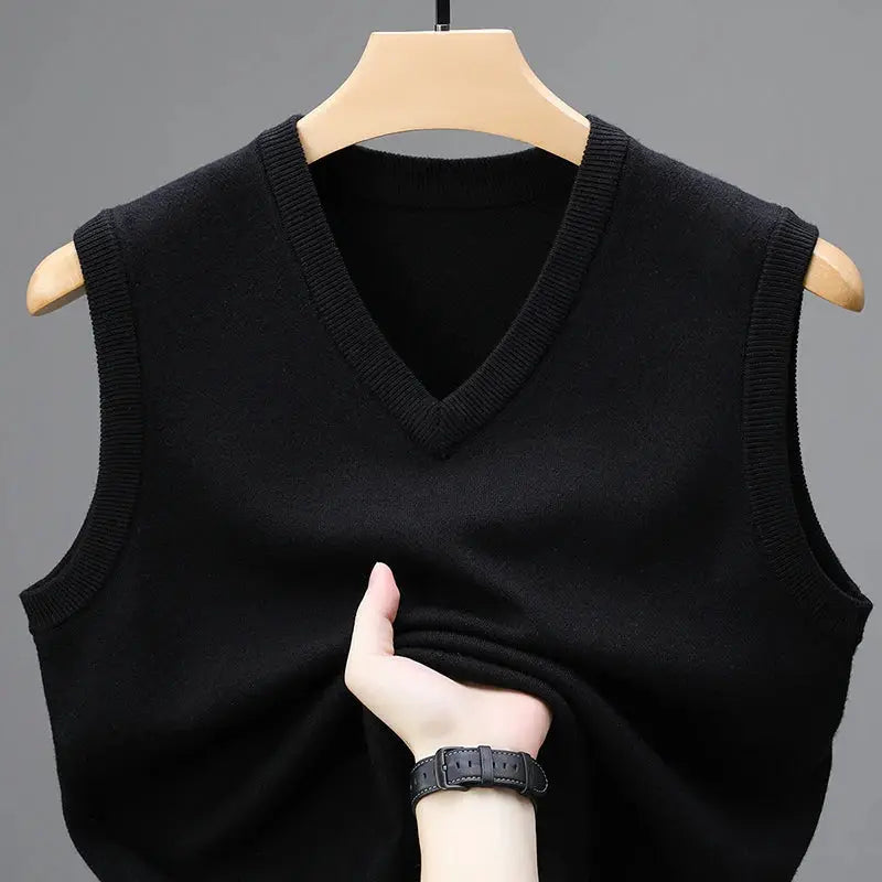 Men's black V-neck sleeveless knit sweater vest on hanger, casual warm outerwear
