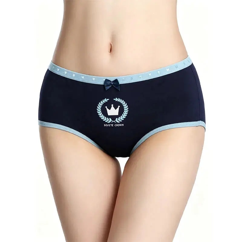 Women’s navy cotton seamless panties with light-blue trim and bow, featuring a crown-laurel emblem on front.