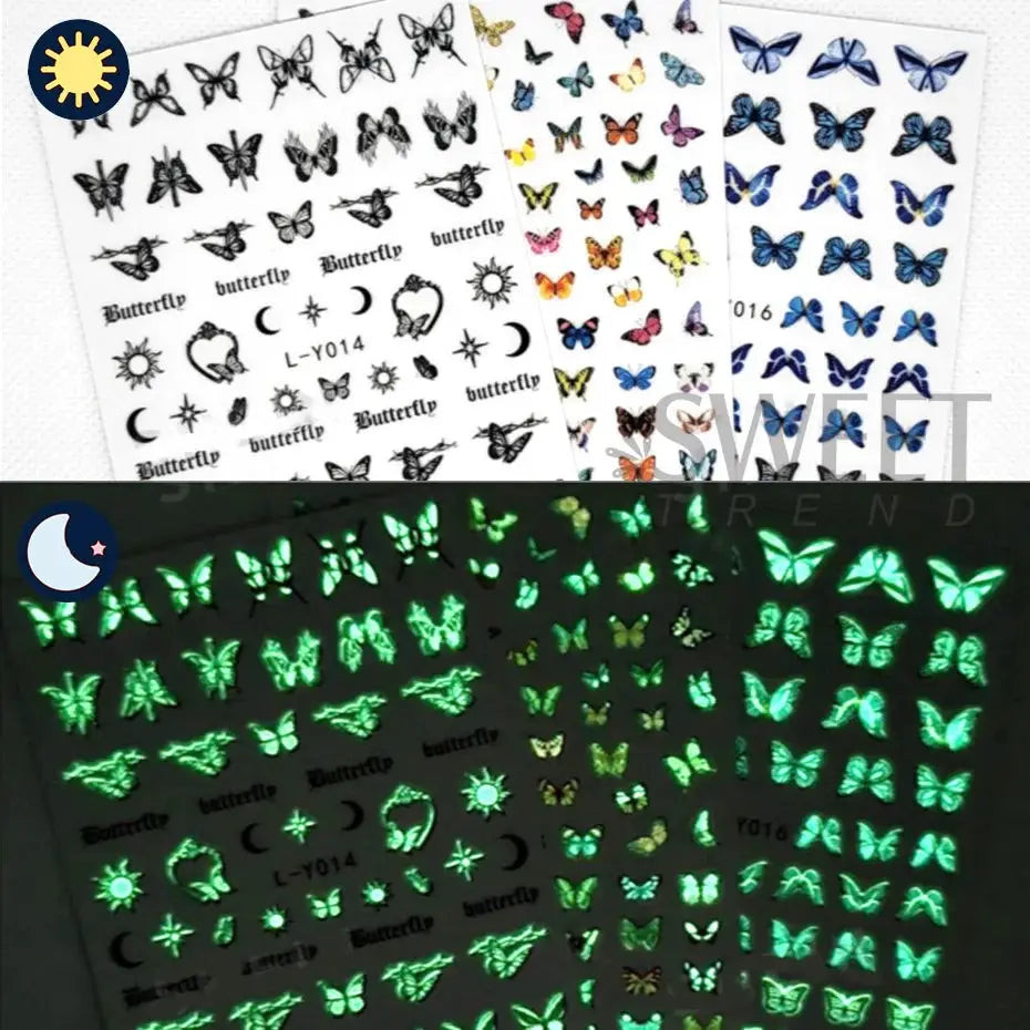Simples Market 3pc luminous butterfly nail decals; blue butterfly designs, glow-in-the-dark sliders for manicure.