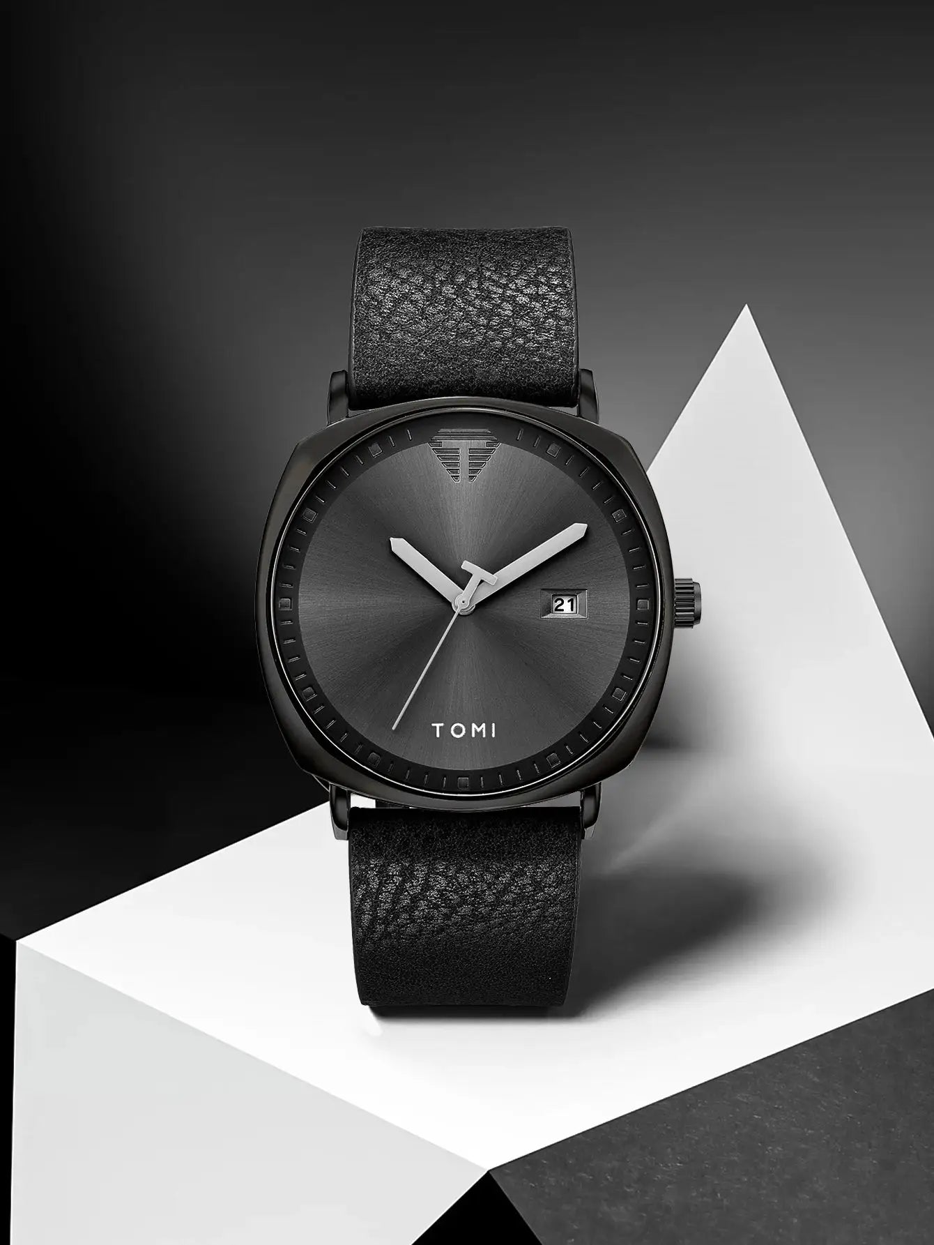 TOMI men's black minimalist quartz watch with textured leather strap and date window