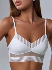 Simples Market white lace backless bra with thin straps and sheer dotted mesh